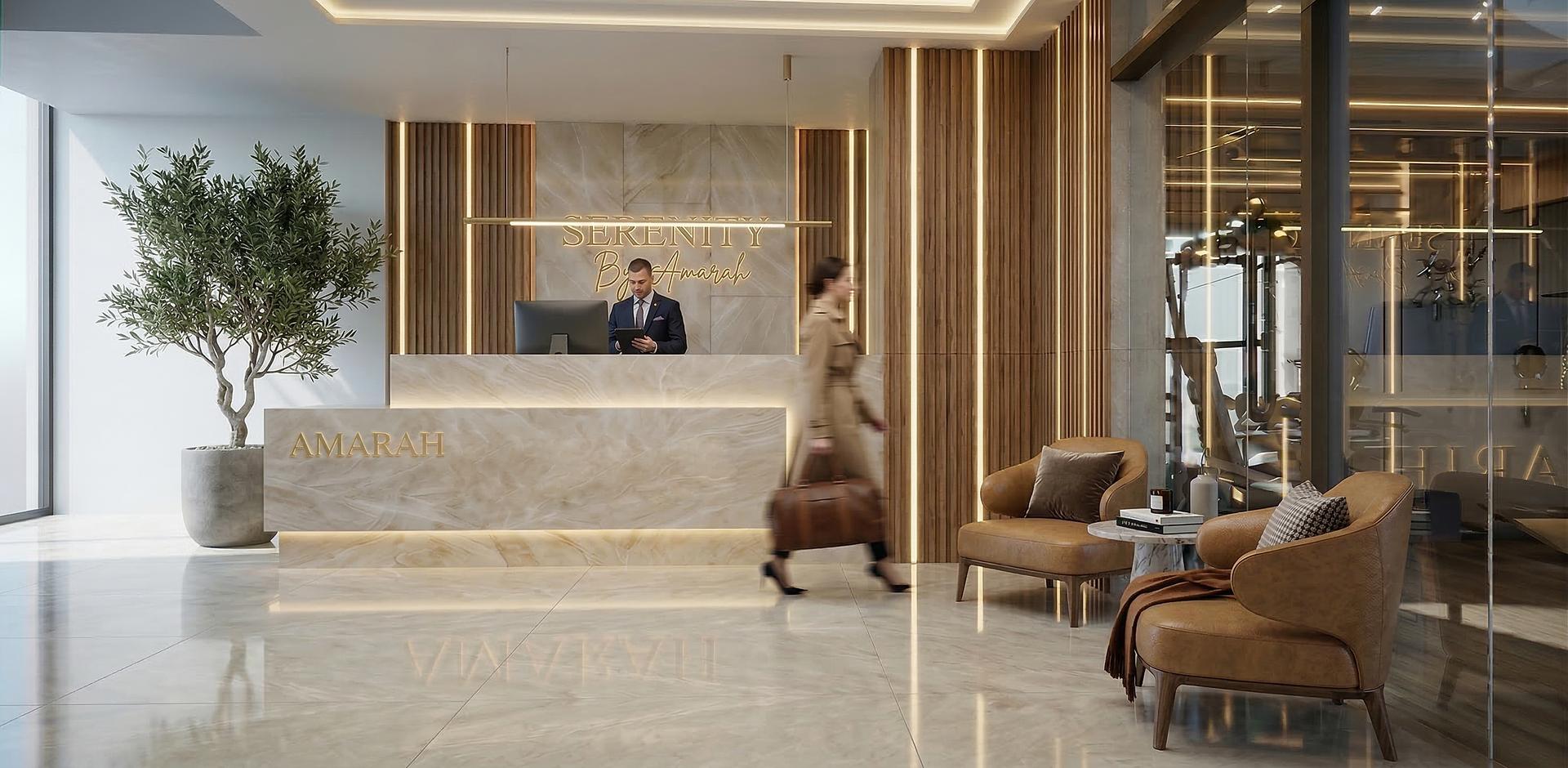 Serenity Clubhouse — branded reception lobby